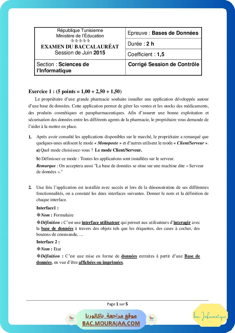 Corrigé controle bd Bac 2015 – Section info